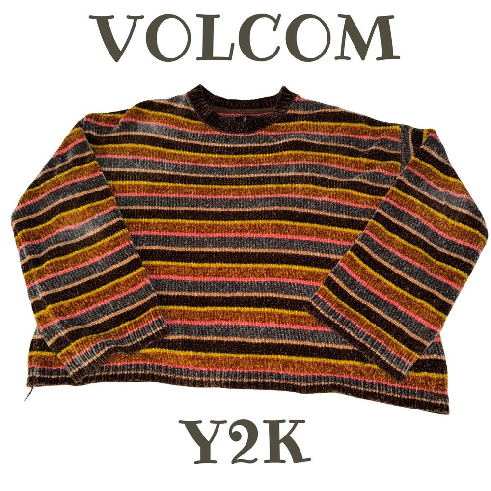 Volcom Striped Chenille Sweater Medium Fuzzy Multi Color Pullover Vintage Y2K - Picture 1 of 9